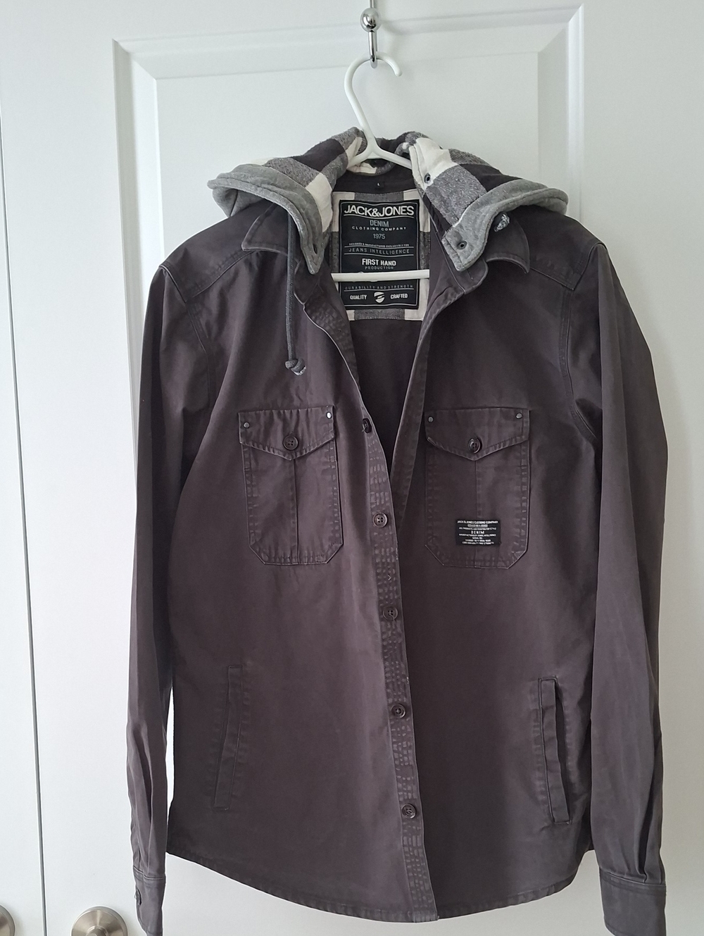 Jack & Jones Dark Gray Hooded Shirt Jacket with Removable Hood